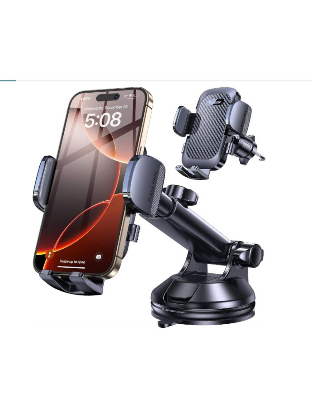 Car Phone Mount With Adjustable Arm & Secure Suction Cup For Dashboard & Windshi